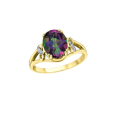 10K Yellow Gold 10X8mm Mystic Topaz and Diamond Ring