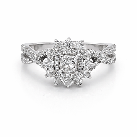 14 Karat White Gold 1.00tdw Princess Cut Solitaire With Halo Side Diamond Engagement Ring