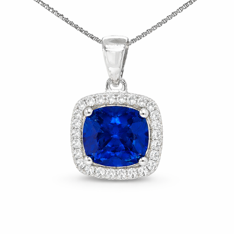 September Birthstone Sapphire Color CZ Cushion Pendant In Sterling Silver