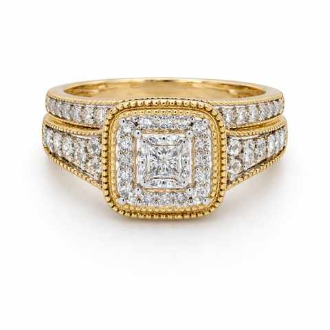 14K Yellow Gold 0.50TDW Princess Diamond Halo Wedding Set
