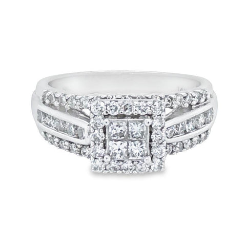 14K White Gold 1.00TDW Diamond Quad Princess Cut Halo Engagement Ring