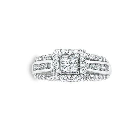 14K White Gold 1.00TDW Diamond Quad Princess Cut Halo Engagement Ring