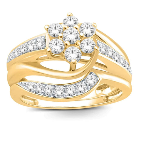 14K Yellow Gold 0.75TDW Diamond Flower Head Wedding Set