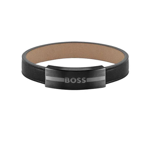 Hugo Boss Jewellery Mens Black Leather Bracelet 1580490M