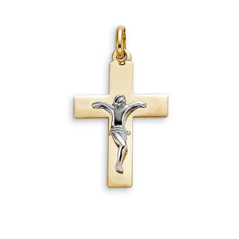 10 Karat Yellow Gold Flat Religious Italian Cross with White Gold Crucifix