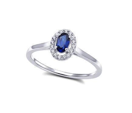 10K White Gold Oval Blue Sapphire & 0.10TDW Diamond Halo Ring