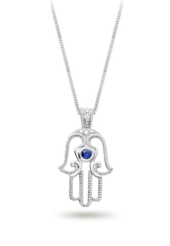 0.01TDW Diamond and 2.5mm Sapphire Hamsa Pendant in 10K White Gold