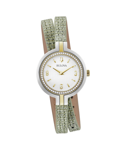 Bulova Rhapsody Green Leather Double Wrap Strap Diamond Quartz Womens Watch 98R278