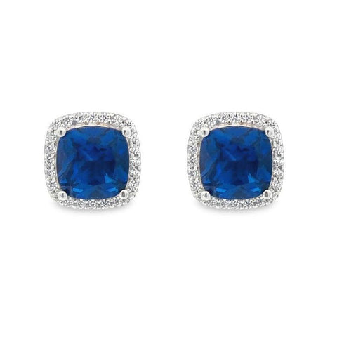 September Birthstone Sapphire Color CZ Cushion Earrings In Sterling Silver
