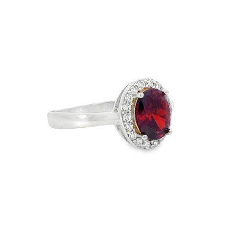 January Birthstone Garnet Color CZ Halo Ring in Sterling Silver