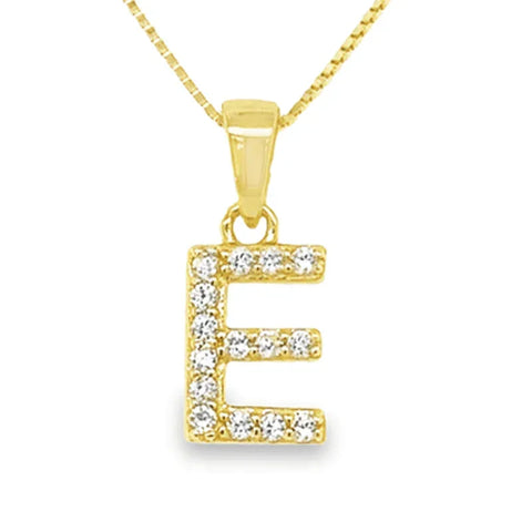 Yellow Gold Plated Sterling Silver Cubic Zirconia Letter E Pendant