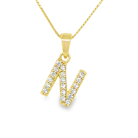 Yellow Gold Plated Sterling Silver Cubic Zirconia Letter N Pendant