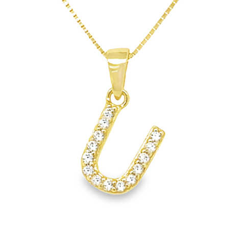 Yellow Gold Plated Sterling Silver Cubic Zirconia Letter U Pendant