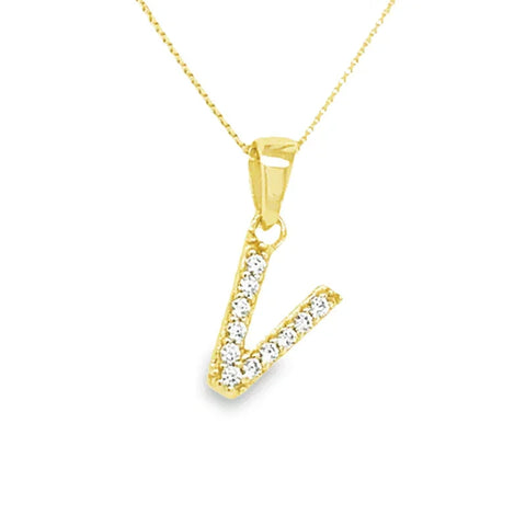Yellow Gold Plated Sterling Silver Cubic Zirconia Letter V Pendant
