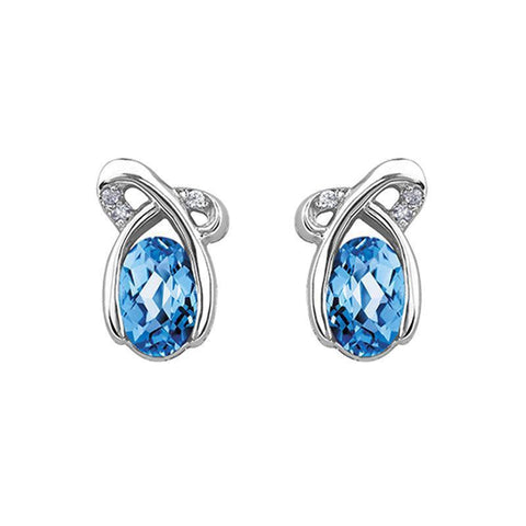 10K White Gold Blue Topaz and 0.02 TDW Diamond Oval Earrings