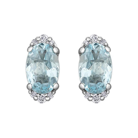 10K White Gold Earrings with 6X4MM Aquamarine and 0.05TDW Diamond Accents