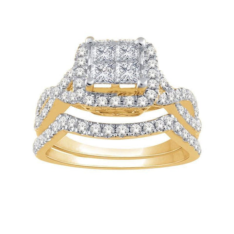 14K Yellow Gold 1.00TDW Diamond Quad Halo Bridal Set with Eternity Shank