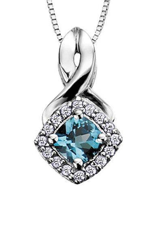 10K White Gold Blue Topaz and Diamond Halo Pendant with Chain