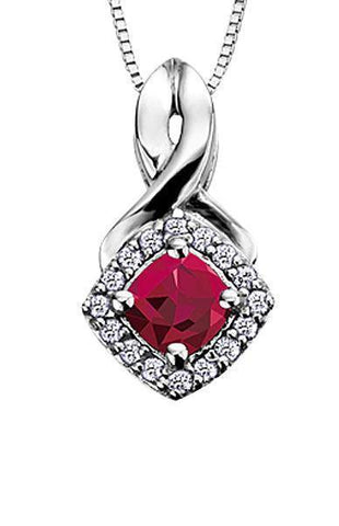 10K White Gold Ruby and Diamond Halo Pendant with Chain