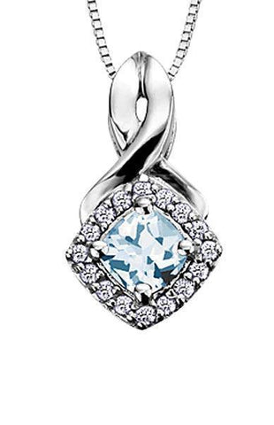 10K White Gold Aquamarine and Diamond Halo Pendant with Chain