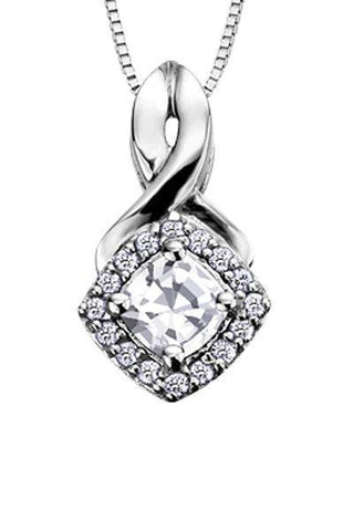 10K White Gold White Zircon and Diamond Halo Pendant with Chain