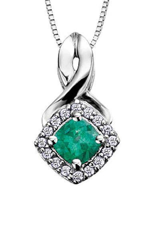 10K White Gold Emerald and Diamond Halo Pendant with Chain