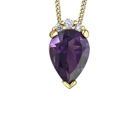0.02 TDW Diamond and 10K Yellow Gold Amethyst Gemstone Teardrop Pendant