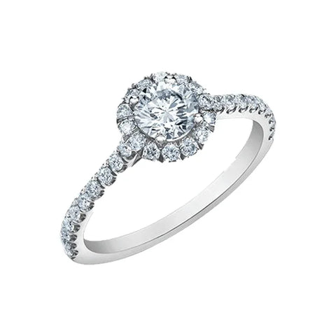 14K White Gold 0.86tdw Lab Grown Round Halo Diamond Engagement Ring With Side Diamonds.