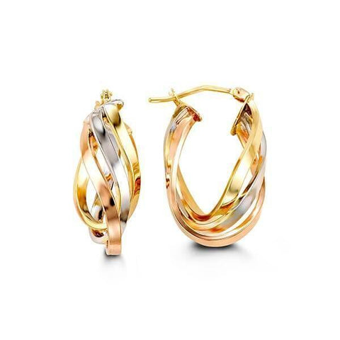 10K Yellow, White And Rose Gold Twist Hoop Earrings