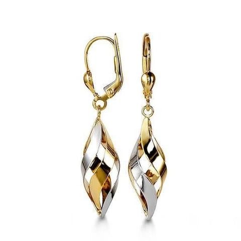 10K Yellow And White Gold Long Dangle Fish Hook Earrings
