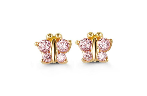 14K Yellow Gold Butterfly Shape Pink CZ Baby Earrings