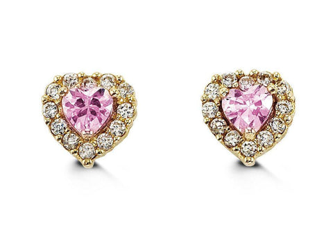 14K Yellow Gold Pink Heart Shape CZ Baby Earrings