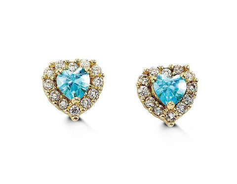 14K Yellow Gold Blue Heart Shape CZ Baby Earrings