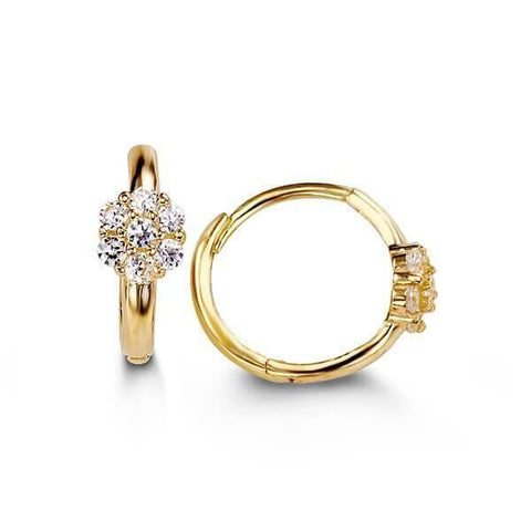 14K Yellow Gold Huggies With Cz Flower Motif