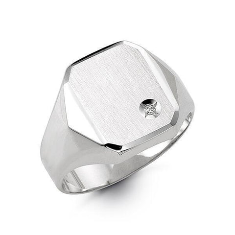 10K White Gold Mens Signet Hexagonal Ring With CZ Stone