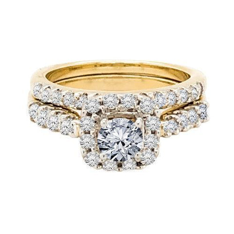 14K Yellow Gold 1.50TDW Diamond Solitaire With Halo and Sides Diamonds Wedding Set