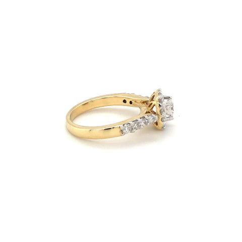 14k Yellow Gold 1.50TDW Diamond Solitaire With Halo and Sides Diamonds Wedding Set.