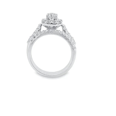 14K White Gold 1.50TDW Diamond Solitaire With Halo and Sides Diamonds Wedding Set