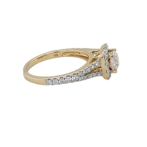 14K Yellow Gold 1.50TDW Diamond Solitaire Engagement Ring with Cushion Halo