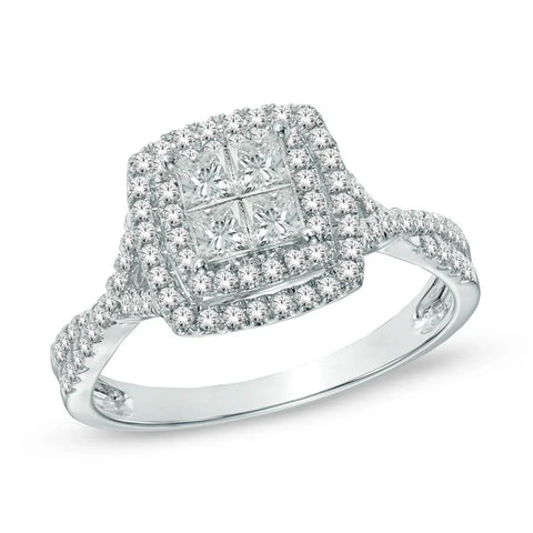 14K White Gold 1.00TDW Diamond Quad Double Halo Engagement Ring