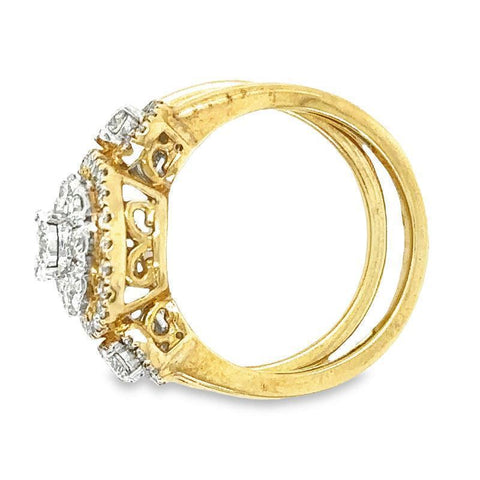 1.00TDW 10K Yellow Gold Diamond Halo Bridal Set with Round Center Stone
