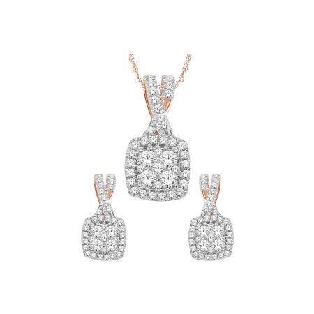 10 Karat Yellow Gold 0.50TDW Diamond Cushion Halo Tiny Dangle Earring and Pendant Set