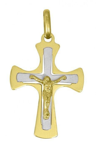 18K Yellow and White Gold Religious Italian Cross with Crucifix