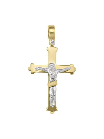 14K, 18K Yellow Gold Fancy Religious Italian Cross with White Gold Crucifix