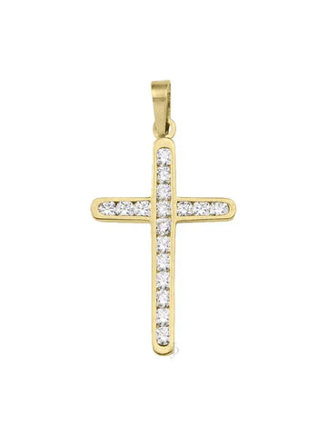 18K Yellow Gold Religious Classic Italian Cross With CZ Stone