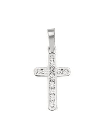 18K White Gold Small Religious Classic Italian Cross With CZ Stone