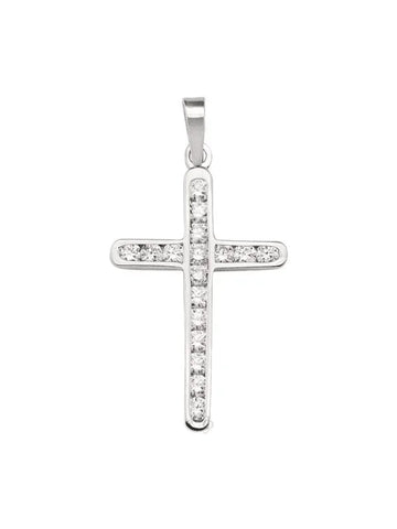 18K White Gold Religious Classic Italian Cross With CZ Stone