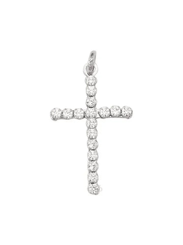 18 Karat White Gold Religious Classic Italian Cross With CZ Stone