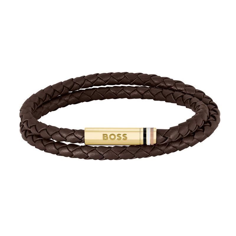 Hugo Boss Jewellery Men&#39;s Ares Brown Leather &amp; Gold Plated Steel Bracelet 1580670M