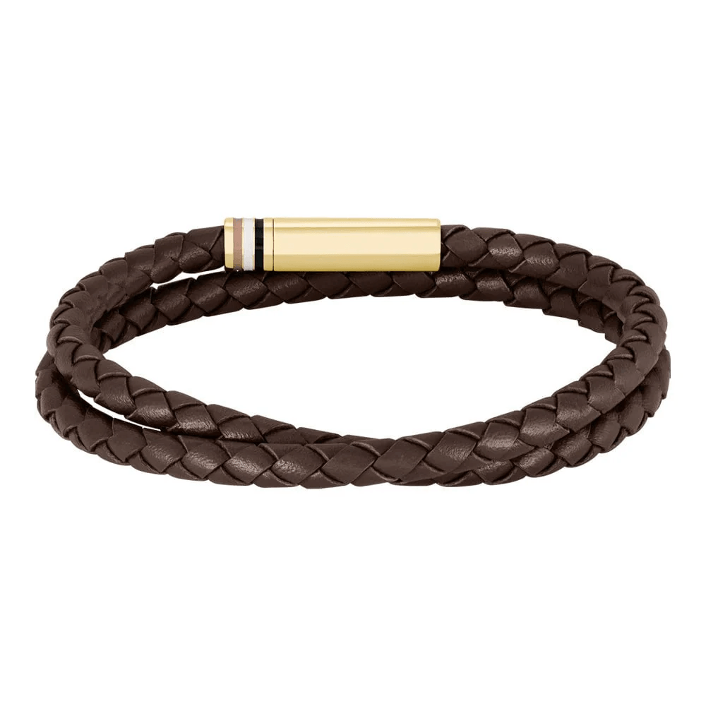 Hugo Boss Jewellery Men&#39;s Ares Brown Leather &amp; Gold Plated Steel Bracelet 1580670M